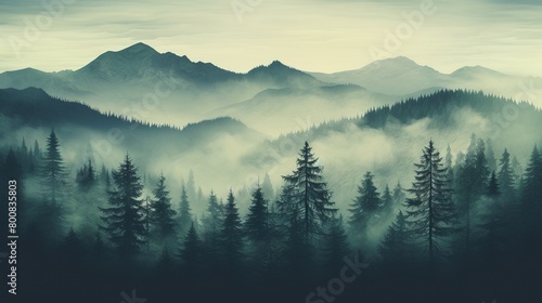 Misty forest with dare trees and rocks. Minimalistic scenery landscape. Generative AI 