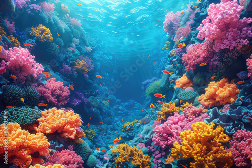 A vibrant coral reef teeming with colorful fish, sunlight filtering through the water creating playful patterns on their bodie. Created with Ai