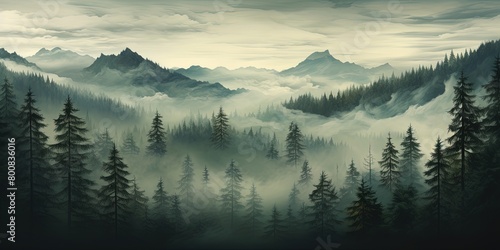 Misty forest with dare trees and rocks. Minimalistic scenery landscape. Generative AI  © MAhmad