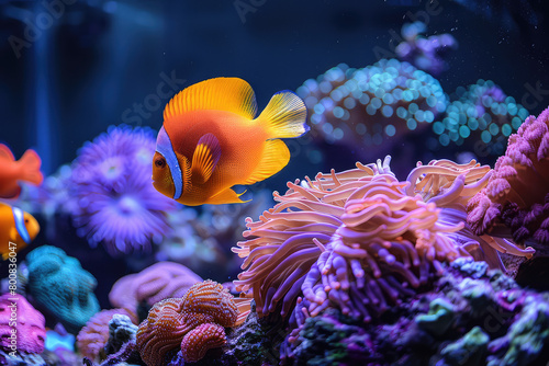 Beautiful colorful coral reef fish swimming in an aquarium, orange clownfish with purple scales and pink tentacles on the background of corals. Created with Ai