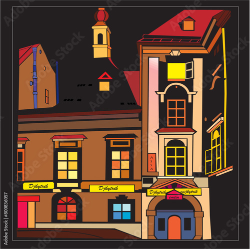 old color town. Сoloring night town. Old town street. Old city landscape. Mediterranean town. Vector Illustration.