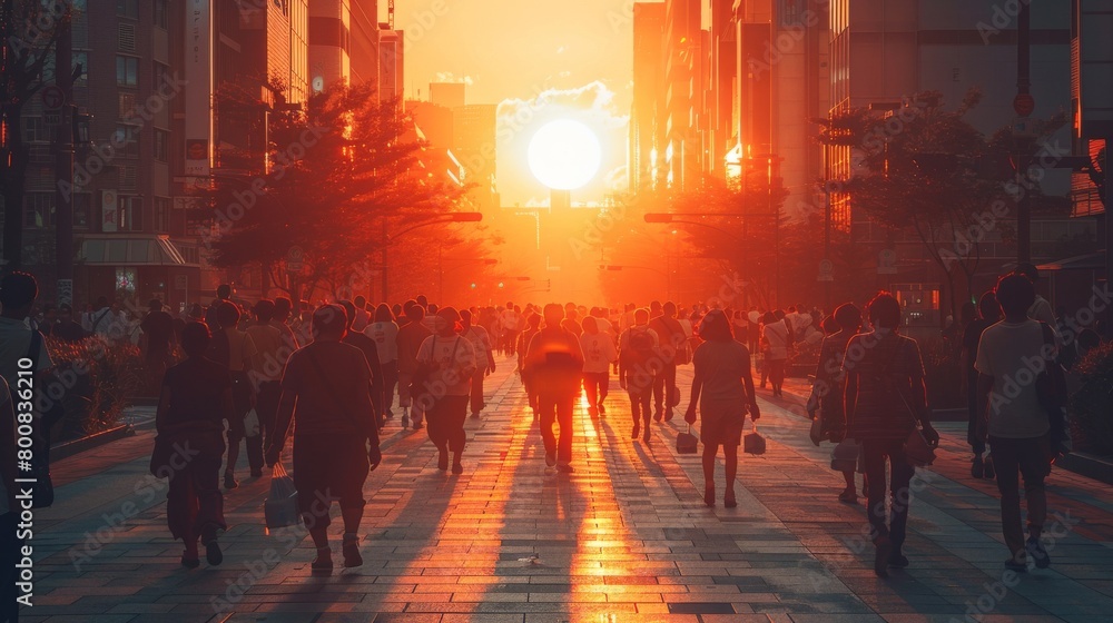 A large crowd of people walk down a street with a large sun in the background A large crowd of people walk down a street with a large sun in the background