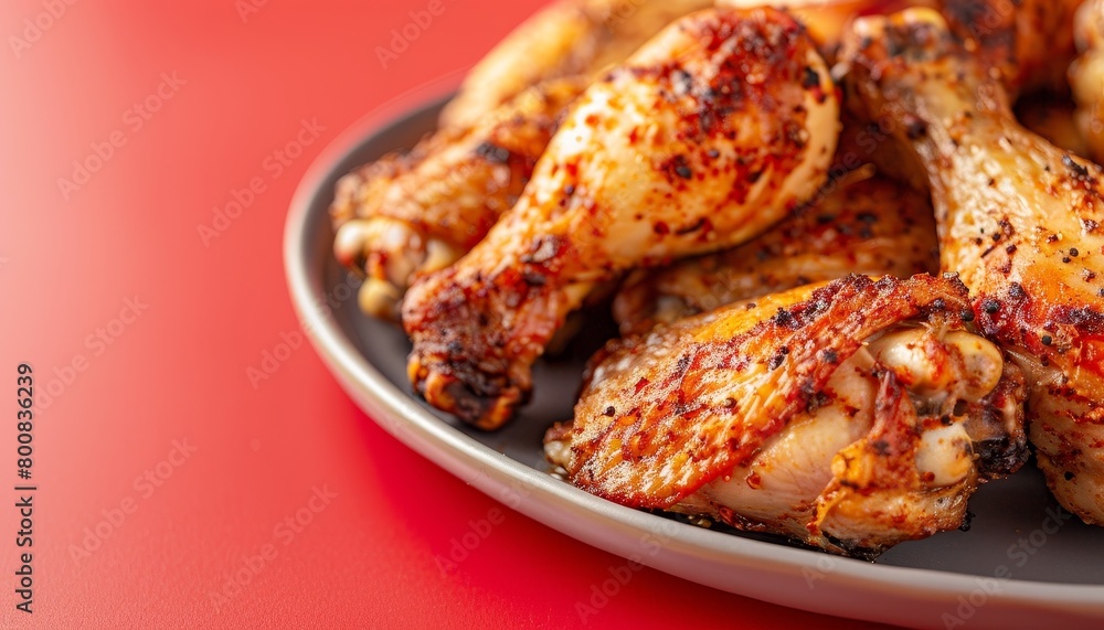 Close up of delicious baked chicken wings and legs unhealthy fast food High calorie fried snack for leisure Red background Studio photo Copy space Close up of delicious baked chicken wings and legs unhealthy fast food High calorie fried snack for leisure Red background Studio photo Copy space