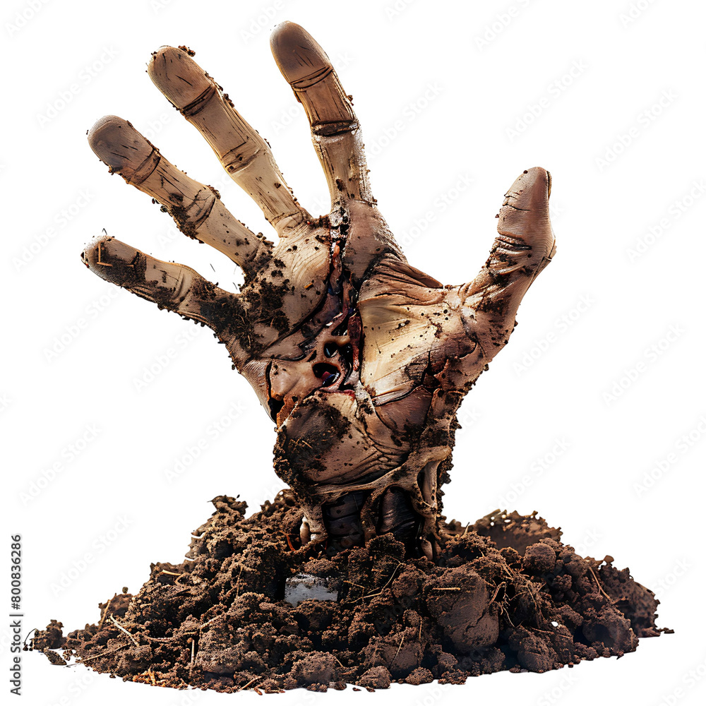 Obraz premium Zombie hand coming out of soil on isolated transparent background