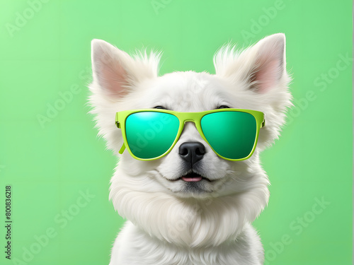 A white dog wearing sunglasses and smiling
