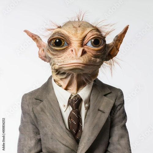 In a professional studio photograph  Dobby embodies a monster management consultant  impeccably dressed in a sharp suit and tie