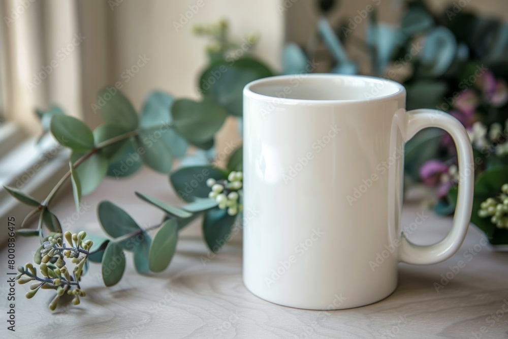 White Blank Mug Mockup in Photographic Scene created with Generative AI White Blank Mug Mockup in Photographic Scene created with Generative AI