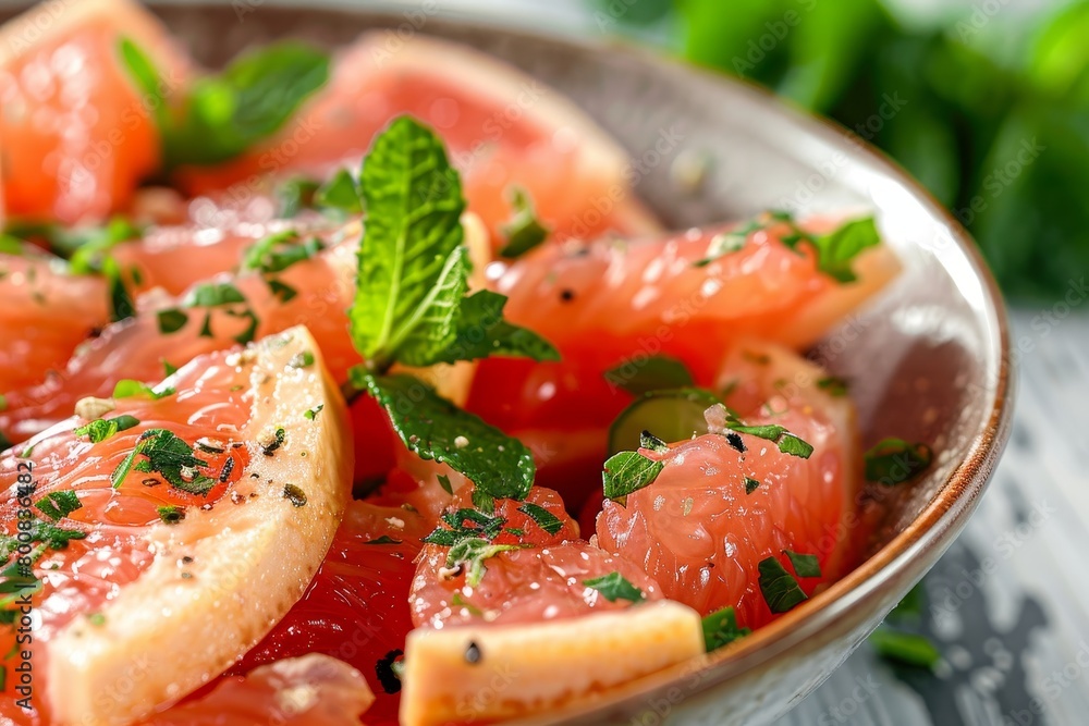 Close up of grapefruit and mint in a bowl Close up of grapefruit and mint in a bowl