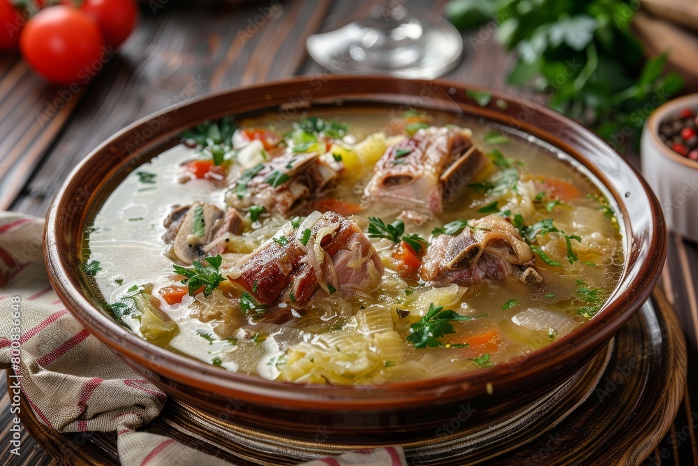 Close up of kapusniak cabbage soup with vegetables ribs and bacon on table