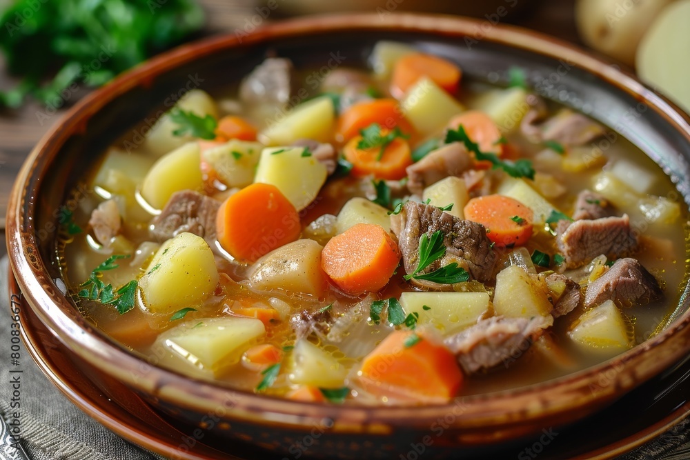 Close up of Kottsoppa soup with meat and root vegetables on table Close up of Kottsoppa soup with meat and root vegetables on table