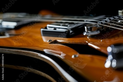 Close up of left horn of electric guitar body with strap button on black background