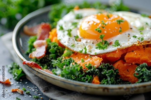 Close up of organic sweet potato with kale cabbage bacon and egg on plate on table photo