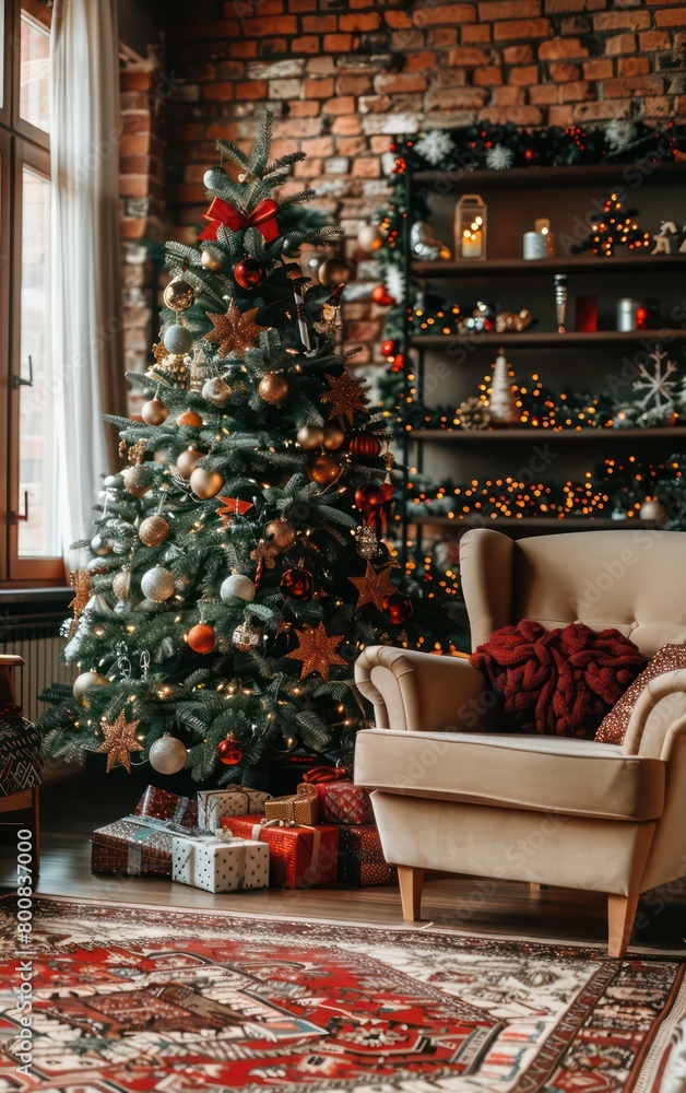 A salon decorated with a Christmas tree creates a festive and cozy atmosphere, perfect for celebrating the holiday season in style