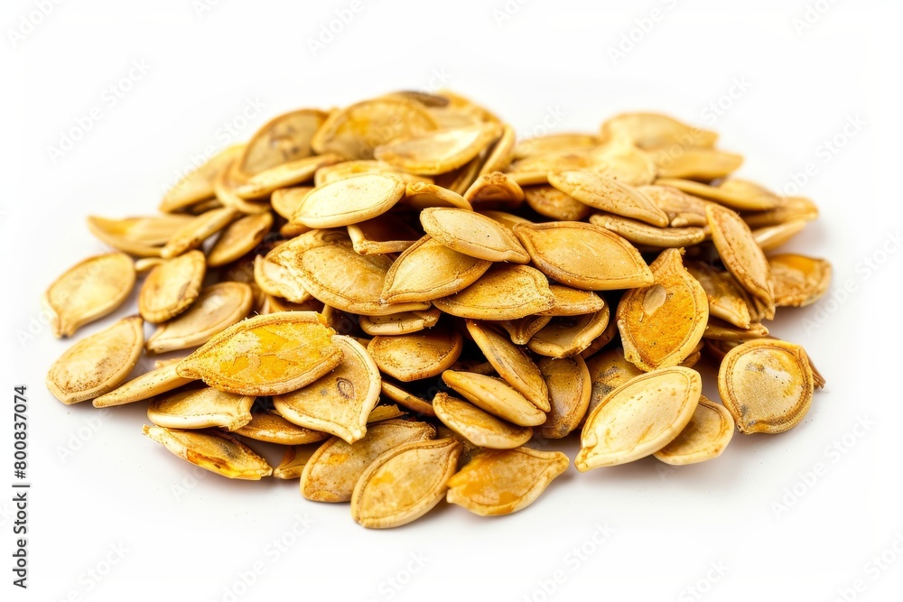 Close up of pumpkin seeds on white background Close up of pumpkin seeds on white background