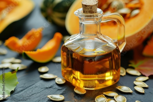 Close up of pumpkin seeds and oil in a glass bottle heart benefits and cholesterol reduction Reduce cholesterol and improve heart health with pumpkin seed oil photo