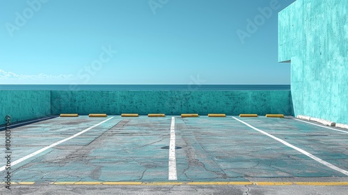   A parking lot devoid of vehicles, bordering a substantial water body, with the ocean serving as a backdrop A yellow demarcation line marks its center photo