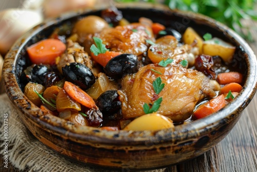 Close up of Salvadoran chicken stew with chicha prunes carrots potatoes olives and onions in a frying pan on a wooden table photo