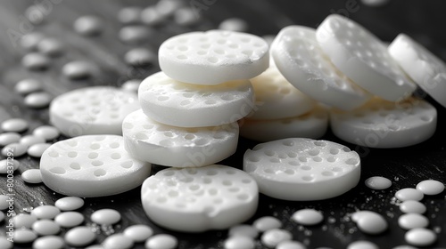  A stack of white pills on a wooden table, alongside another stack on an adjacent table
