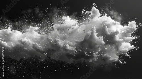   A monochrome image of a cloud in the sky, exhibiting precipitation as water droplets emerge from its top photo