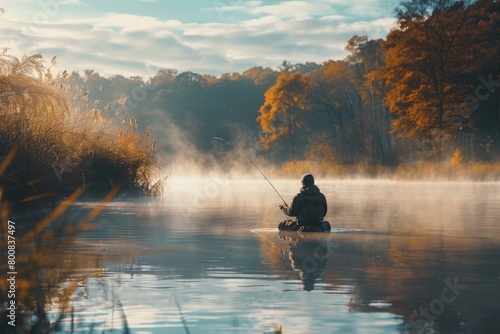 The peaceful experience of fishing by a tranquil lakeside.