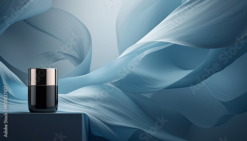 Dark transparent cosmetic can against an elegant blue background.