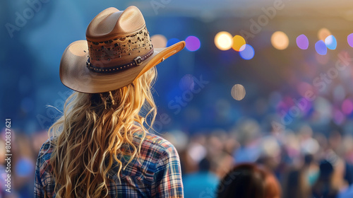 "American Woman Enjoying Country Music Concert, Wearing Cowboy Hat. Space for Text."