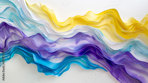 Vibrant waves of plum, azure, and lemon overlapping gracefully against a white backdrop. photo