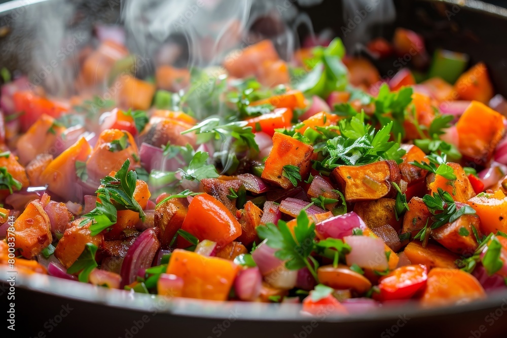 Cooking sweet potato hash with herbs peppers and onions in skillet Cooking sweet potato hash with herbs peppers and onions in skillet
