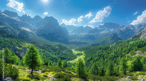  A panoramic view of the Italian Alps, showcasing lush green forests and rugged mountain peaks under clear blue skies. Created with Ai