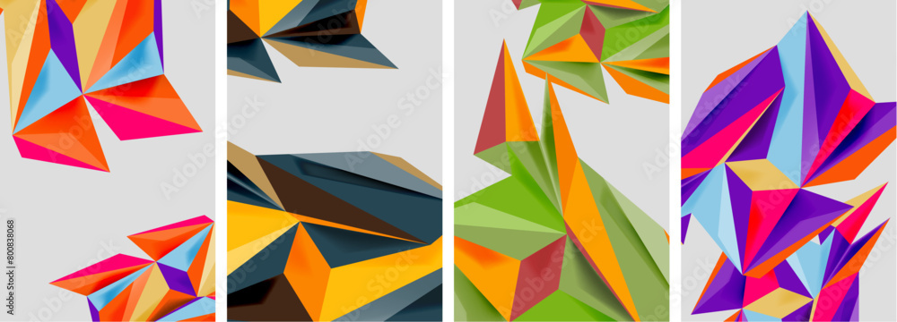 A creative arts piece featuring a set of four colorful geometric designs inspired by plants and organisms, with shapes like rectangles and triangles in shades of orange on a white background A creative arts piece featuring a set of four colorful geometric designs inspired by plants and organisms, with shapes like rectangles and triangles in shades of orange on a white background