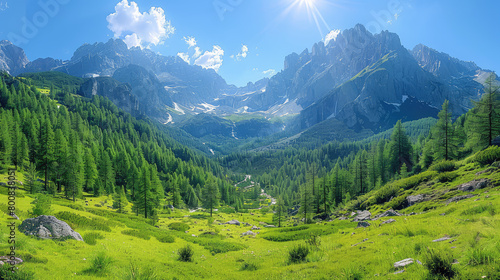 Beautiful alpine landscape with mountains and green forest, sunny day. Created with Ai