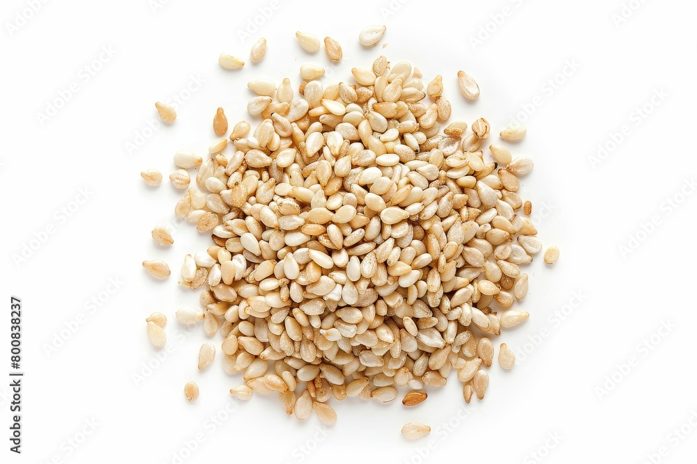 Close up of white sesame seed on white background From above Healthy natural food Close up of white sesame seed on white background From above Healthy natural food