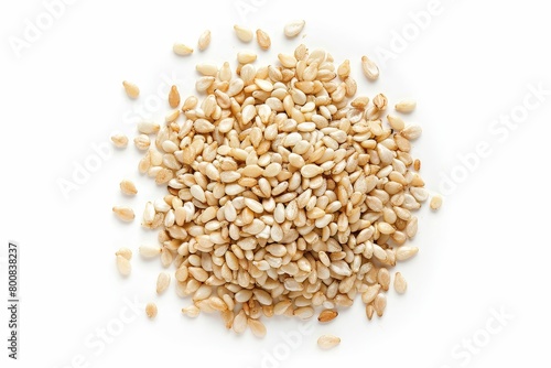 Close up of white sesame seed on white background From above Healthy natural food
