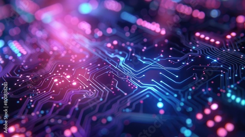 Detailed view of the intricate patterns and components on a computer circuit board. photo