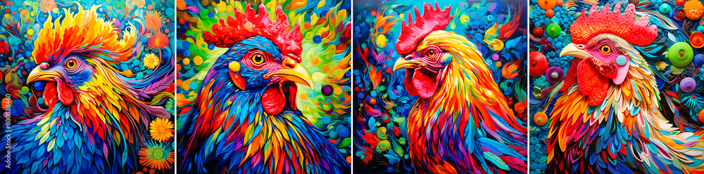 Colorful and vibrant dot patterns on the theme of chicken. Rich colors that bring nature to life in a vibrant and eye-catching way. Deep colors are used to create attractive designs.