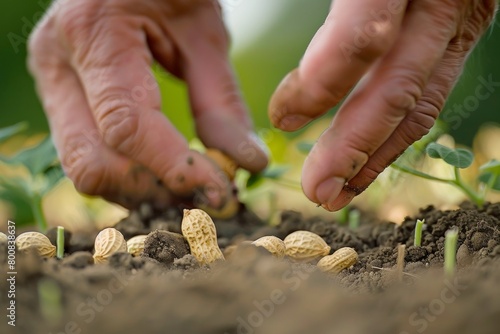 Close up shot of a man s hand planting peanuts photo