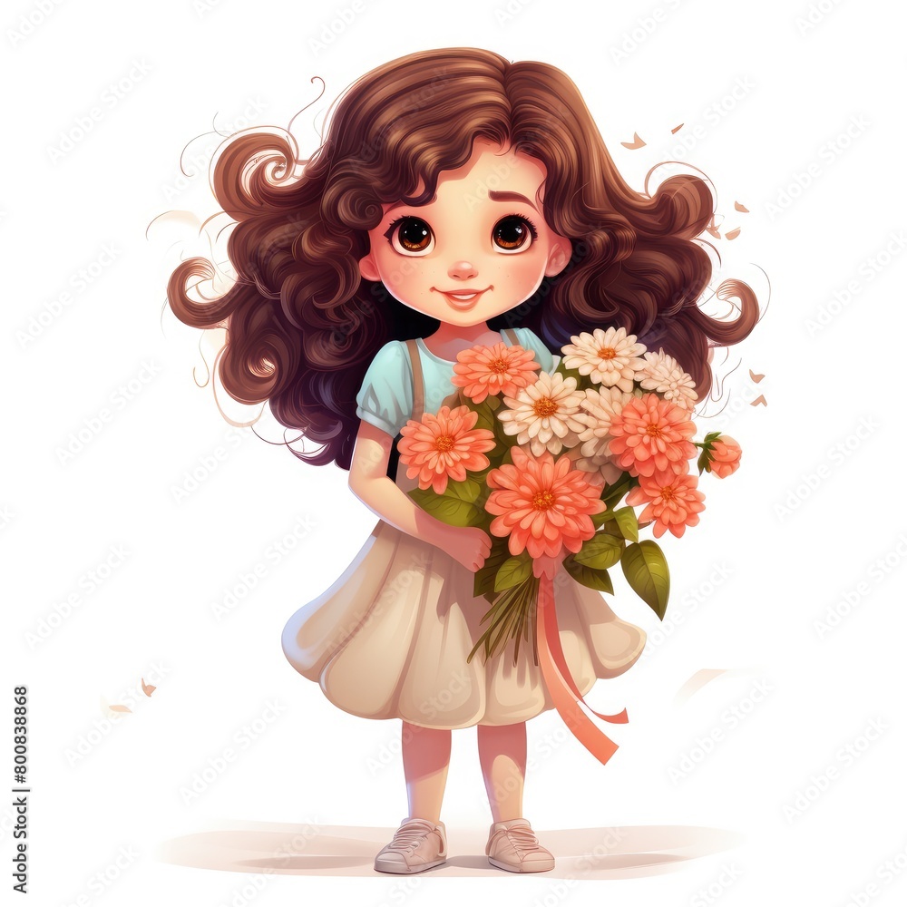 Girl in White Dress With Bouquet of Flowers
