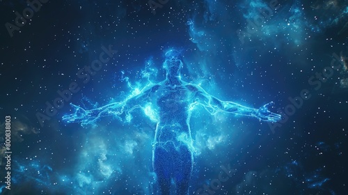 Silhouette of a man in the rays of a shining aura around his body against the backdrop of outer space with stars. The theme of awakening energy and discovering magical abilities.