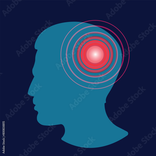Vector head of a man with a headache sign. Disease of the head, brain in flat style. Medical assistance icon. 