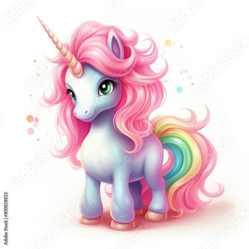 Unicorn With Rainbow Mane Standing by White Background