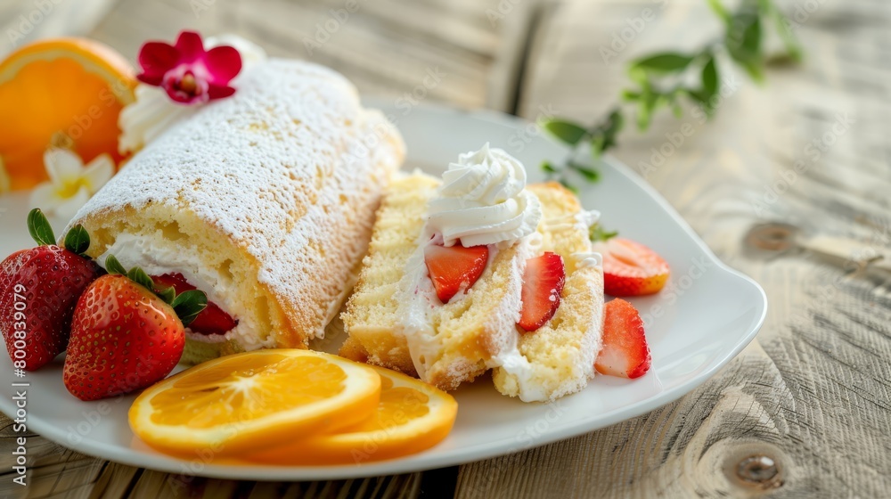 A white plate holds a slice of cake, its surface generously coated with frosting Nearby, sliced oranges and strawberries are arranged A white plate holds a slice of cake, its surface generously coated with frosting Nearby, sliced oranges and strawberries are arranged