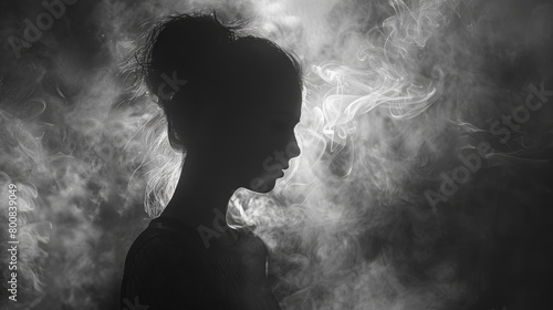 Woman silhouetted against smoke cloud photo