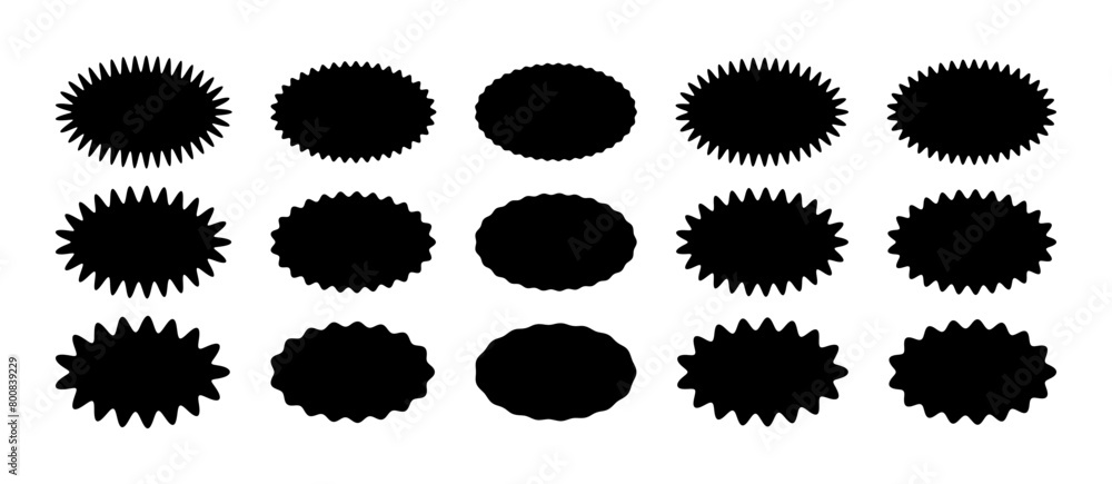 Zig zag Wavy Edge Oval Shapes Set. Vector Jagged Geometric Ellipse Forms. Wiggly Frame for Template, Stickers, Stamp, Promo Design, Web Design and Social Media Zig zag Wavy Edge Oval Shapes Set. Vector Jagged Geometric Ellipse Forms. Wiggly Frame for Template, Stickers, Stamp, Promo Design, Web Design and Social Media
