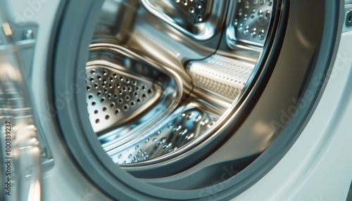 Close up view of metal drum inside white washing machine with open plastic door © LimeSky
