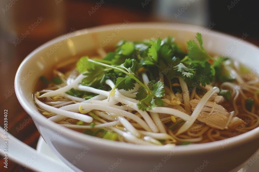 Closeup of a classic Vietnamese pho soup bowl with chicken broth and fresh garnishes like cilantro and bean sprouts Closeup of a classic Vietnamese pho soup bowl with chicken broth and fresh garnishes like cilantro and bean sprouts
