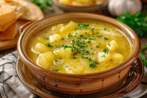 Closeup of delicious Basque Potato Leek Soup on table