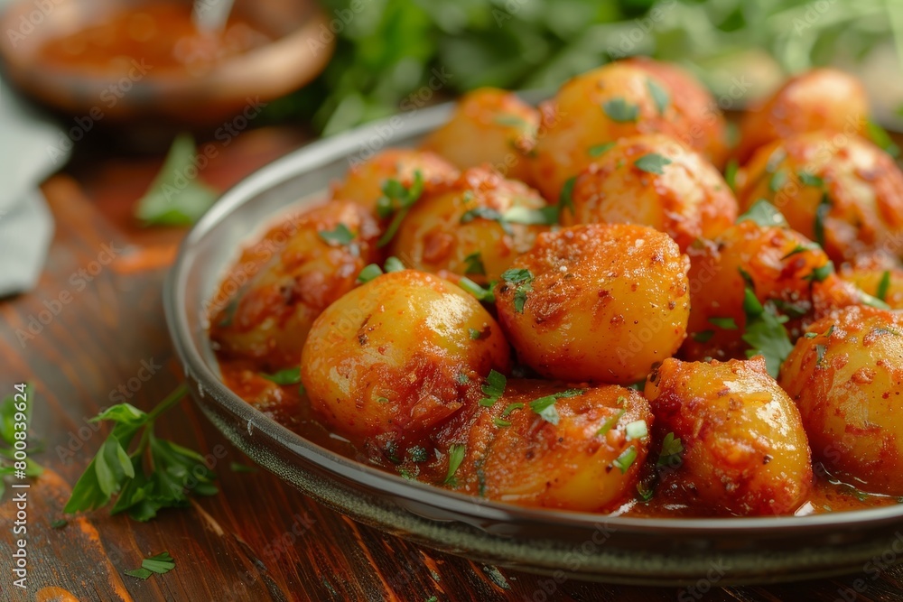 Closeup of Kashmiri dum aloo with spicy sauce on plate on table Closeup of Kashmiri dum aloo with spicy sauce on plate on table