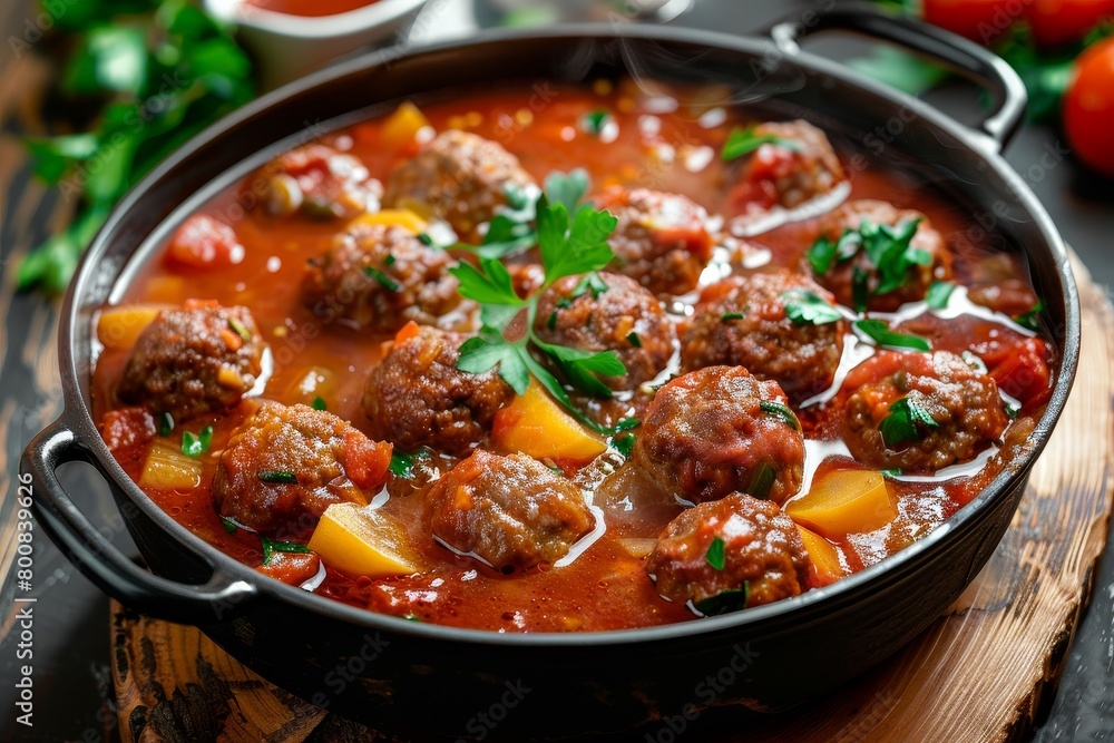 Closeup of hot meatball stew with vegetables in tomato sauce in a pot on table