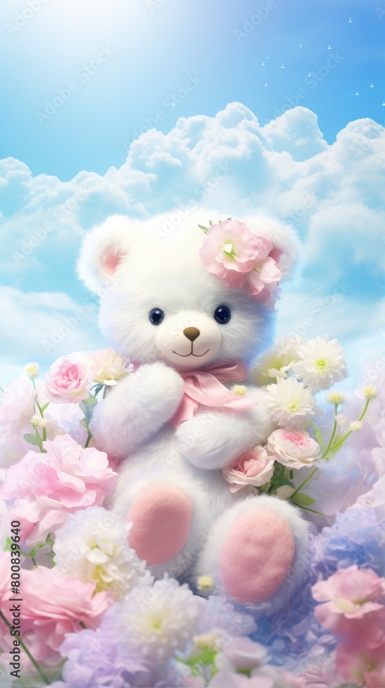 White Cute Bear Seated on Pink Flowers White Cute Bear Seated on Pink Flowers