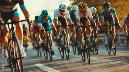 Fototapeta Naklejka Na Ścianę i Meble -  Bicycle race. Many people on bicycles participate in a bicycle race. Cycling competition, cyclist athletes riding a race at high speed. Sports and active lifestyle.